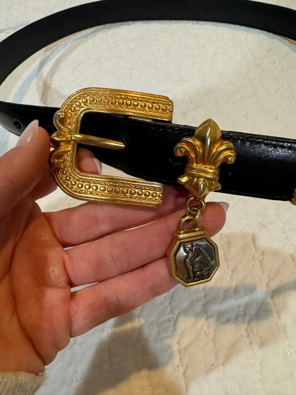 Brighton Black Leather Belt with Gold Fleur-de-Lis & Coin Charm| Vintage 1996|